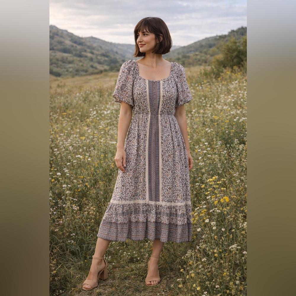 In Loom Floral Midi Dress with Lace Accents